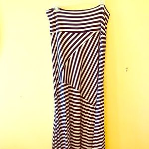 Full length, navy striped skirt